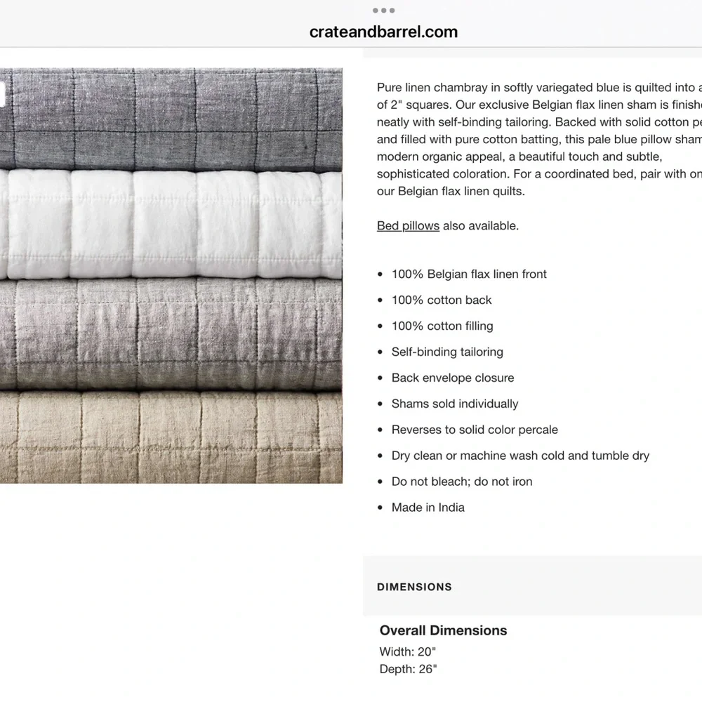 Crate&Barrel Belgian Flax Linen King Sham - Brown, NWT